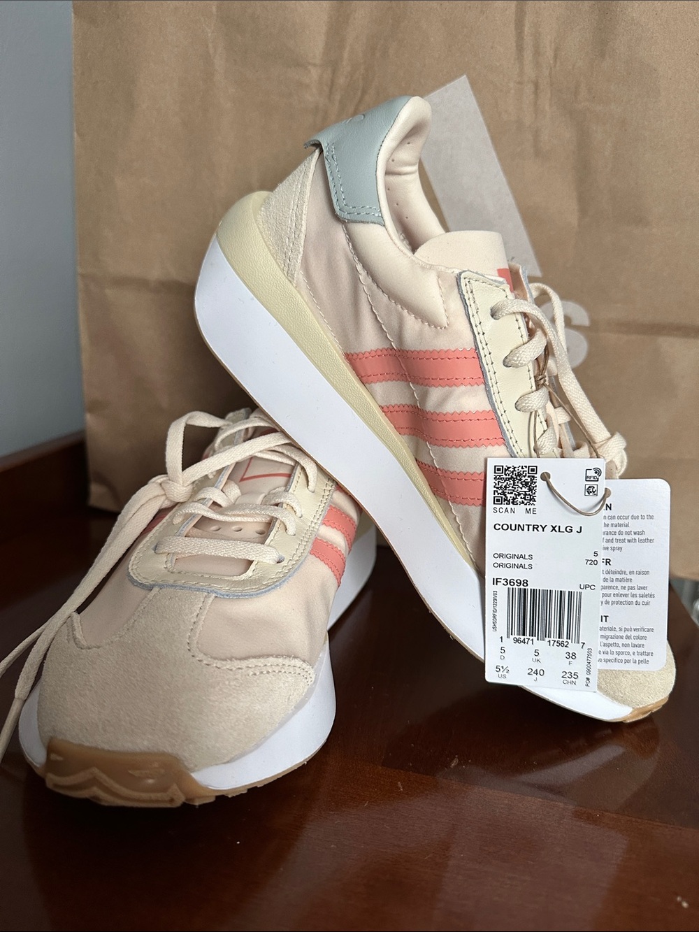 adidas Originals Women’s Country XLG Sneaker in Cream with Pink Stripes